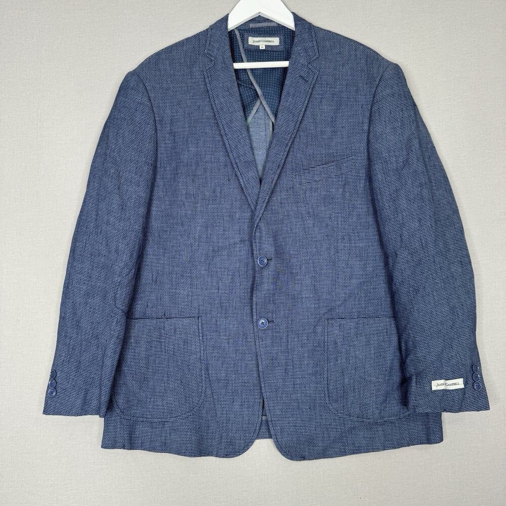 James Campbell Mens Blazer XL Blue Linen Blend Textured Sport Coat Preppy Career